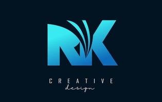 lettere blu creative logo rk rk con linee guida e concept design stradale. lettere con disegno geometrico. vettore