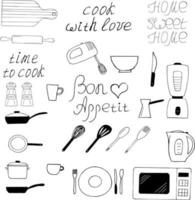 utensili da cucina ed elettrodomestici imposta icona. stile doodle disegnato a mano. , minimalismo, monocromatico, schizzo. casseruola, padella, forchetta, cucchiaio, piatto, tazza, microonde, frullatore, lettering bollitore frullatore vettore