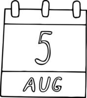 calendario disegnato a mano in stile doodle. 5 agosto. giorno, data. icona, elemento adesivo per il design. pianificazione, vacanza d'affari vettore