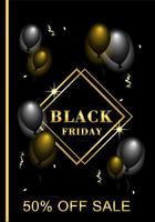 poster del venerdì nero su sfondo scuro con decorazione a palloncino a strisce argento e oro vettore