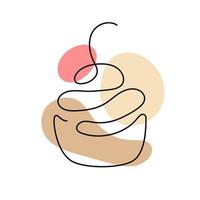una linea d'arte di cupcake con ciliegia. logo disegnato a mano. concetto di caffetteria e panetteria. illustrazione vettoriale isolato su sfondo bianco.
