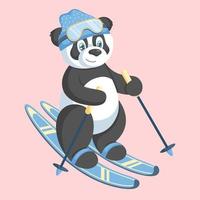 il panda invernale con un cappello sportivo blu e occhiali sta sciando. stile disegnato a mano. illustrazione vettoriale. vettore