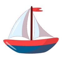 una piccola barca dei cartoni animati con una bandiera rossa. disegno del fumetto del trasporto d'acqua. illustrazione vettoriale piatta isolata su uno sfondo bianco.