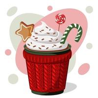 cioccolata calda natalizia con panna, bastoncino di zucchero, lecca-lecca e biscotto. illustrazioni vettoriali piatte.