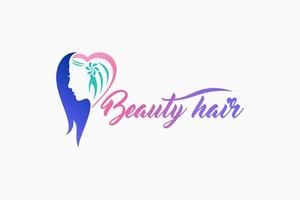 design del logo di bellezza, salone o cura dei capelli con il volto di donna nel concetto disegnato a mano creativo vettore