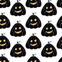 modello senza cuciture con silhouette nera di una faccia di zucca con occhi gialli luminosi per halloween su sfondo bianco vettore