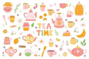 grande servizio da tè. teiere, tazze con dolci, biscotti. colazione, tea party. illustrazione piatta vettoriale in stile disegnato a mano su sfondo bianco.