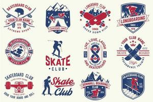 set di distintivi per skateboard e longboard club. illustrazione vettoriale