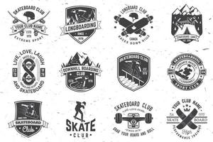 set di distintivi per skateboard e longboard club. illustrazione vettoriale