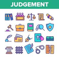 giudizio, set di icone della linea di colore del vettore del processo giudiziario