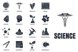 set di illustrazione vettoriale del logo dell'icona della scienza. meteorologia, medicina, geometria, gemmologia, botanica, zoologia, filosofia e altro modello di simbolo del pacchetto per la raccolta di grafica e web design