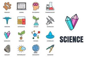 set di illustrazione vettoriale del logo dell'icona della scienza. meteorologia, medicina, geometria, gemmologia, botanica, zoologia, filosofia e altro modello di simbolo del pacchetto per la raccolta di grafica e web design