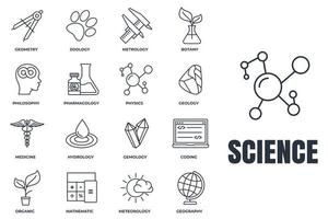 set di illustrazione vettoriale del logo dell'icona della scienza. meteorologia, medicina, geometria, gemmologia, botanica, zoologia, filosofia e altro modello di simbolo del pacchetto per la raccolta di grafica e web design