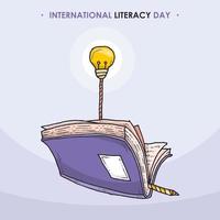 banner della giornata internazionale dell'alfabetizzazione con l'illustrazione del libro e della lampada a bulbo vettore