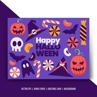 carta di halloween felice con zucca, caramelle, pipistrello, illustrazione vettoriale isolata fantasma