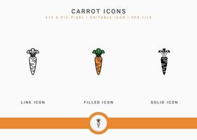 le icone della carota impostano l'illustrazione vettoriale con lo stile della linea dell'icona solido. concetto sano vegetale. icona del tratto modificabile su sfondo isolato per il web design, l'interfaccia utente e l'applicazione mobile