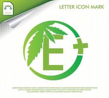 lettera e con disegno del logo vettoriale foglia di cannabis verde