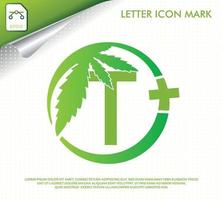 lettera t con logo vettoriale foglia di cannabis verde