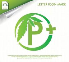 lettera p con disegno del logo vettoriale foglia di cannabis verde