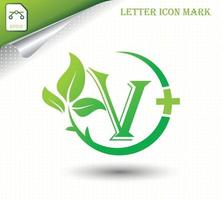 lettera v con modello vettoriale foglia verde