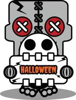 vettore cartone animato mascotte halloween personaggio cranio carino bambola voodoo con scheda di halloween