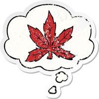 foglia di marijuana del fumetto e bolla di pensiero come adesivo consumato in difficoltà vettore