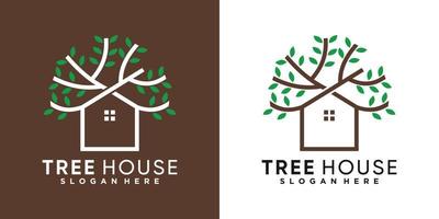 design del logo dell'albero e della casa con stile art line vettore