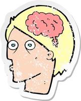 adesivo retrò in difficoltà di una testa di cartone animato con il simbolo del cervello vettore