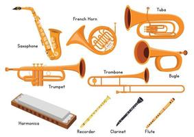 set di strumenti musicali a fiato disegno vettoriale. sassofono, tromba, corno francese, tuba, trombone, tromba, armonica, flauto dolce, flauto, clarinetto. clipart di strumenti musicali in ottone vettore