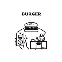 illustrazione nera di concetto di vettore di fastfood dell'hamburger