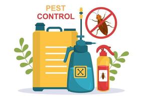 servizio di controllo dei parassiti con disinfestatore di insetti, spray e disinfezione dell'igiene domestica in un'illustrazione piana di sfondo del fumetto vettore