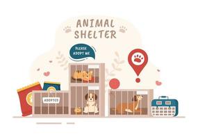 illustrazione del fumetto del rifugio per animali con animali domestici seduti in gabbie e volontari che nutrono animali per l'adozione in un design in stile piatto disegnato a mano vettore