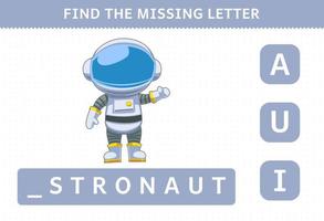 gioco educativo per bambini trova lettera mancante simpatico cartone animato sistema solare astronauta foglio di lavoro vettore