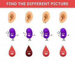 gioco educativo per bambini trova l'immagine diversa in ogni riga simpatico cartone animato anatomia umana e sangue della milza dell'orecchio dell'organo vettore