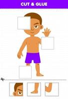 gioco educativo per bambini taglia e incolla parti tagliate di un foglio di lavoro stampabile di anatomia del ragazzo simpatico cartone animato vettore