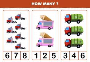 gioco educativo per bambini contando quanti cartoni animati camion trasporto convoglio gelato spazzatura vettore