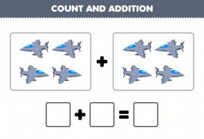 gioco educativo per bambini divertente aggiunta contando il foglio di lavoro delle immagini del jet da combattimento del trasporto dei cartoni animati vettore