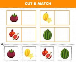 gioco educativo per bambini taglia e abbina la stessa immagine di cartone animato frutta mangostano frutta stella melograno anguria foglio di lavoro stampabile vettore