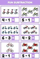 gioco educativo per bambini divertente sottrazione contando ed eliminando le immagini del trasporto di biciclette dei cartoni animati vettore