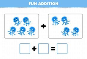 gioco educativo per bambini divertente aggiunta contando il foglio di lavoro delle immagini delle meduse degli animali dei cartoni animati vettore