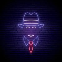 insegna al neon mafiosa. uomo con l'icona del cappello. insegna al neon. vettore