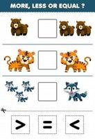 gioco educativo per bambini più o meno uguale conta la quantità di simpatico cartone animato animale selvatico orso tigre lupo poi taglia e incolla taglia il segno corretto vettore