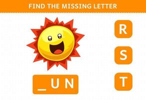 gioco educativo per bambini trova la lettera mancante simpatico cartone animato foglio di lavoro del sole del sistema solare vettore