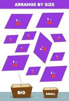 gioco educativo per bambini organizza per taglia grande o piccola mettilo nella scatola immagini a parallelogramma di forme geometriche di cartoni animati carini vettore