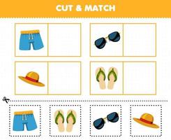 gioco educativo per bambini taglia e abbina la stessa immagine di cartoni animati vestiti indossabili pantaloni occhiali da sole cappello sandalo vettore