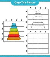 copia l'immagine, copia l'immagine del giocattolo della piramide usando le linee della griglia. gioco educativo per bambini, foglio di lavoro stampabile, illustrazione vettoriale