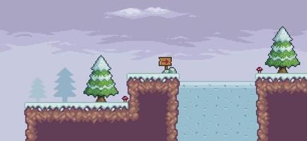 scena di gioco pixel art nella neve con alberi di pino, lago ghiacciato, tavola di legno e nuvole sfondo a 8 bit vettore
