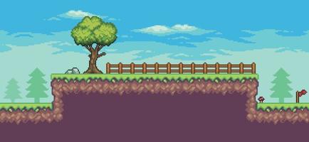 scena di gioco arcade pixel art con alberi, recinzione, bandiera e nuvole di sfondo a 8 bit vettore