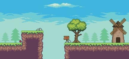 scena di gioco arcade pixel art con mulino, alberi e nuvole, sfondo vettoriale a 8 bit
