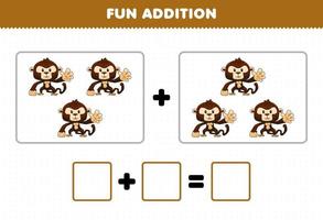 gioco educativo per bambini divertente aggiunta contando il foglio di lavoro delle immagini delle scimmie degli animali dei cartoni animati vettore